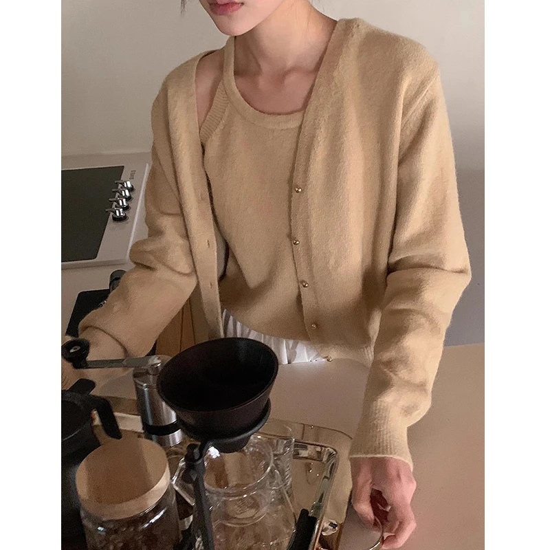 

Chic Knitted Long Sve Vest Top Ne Hanging Strap Women's Faion Set Autumn Season French Sle Casual Wear Outerwear