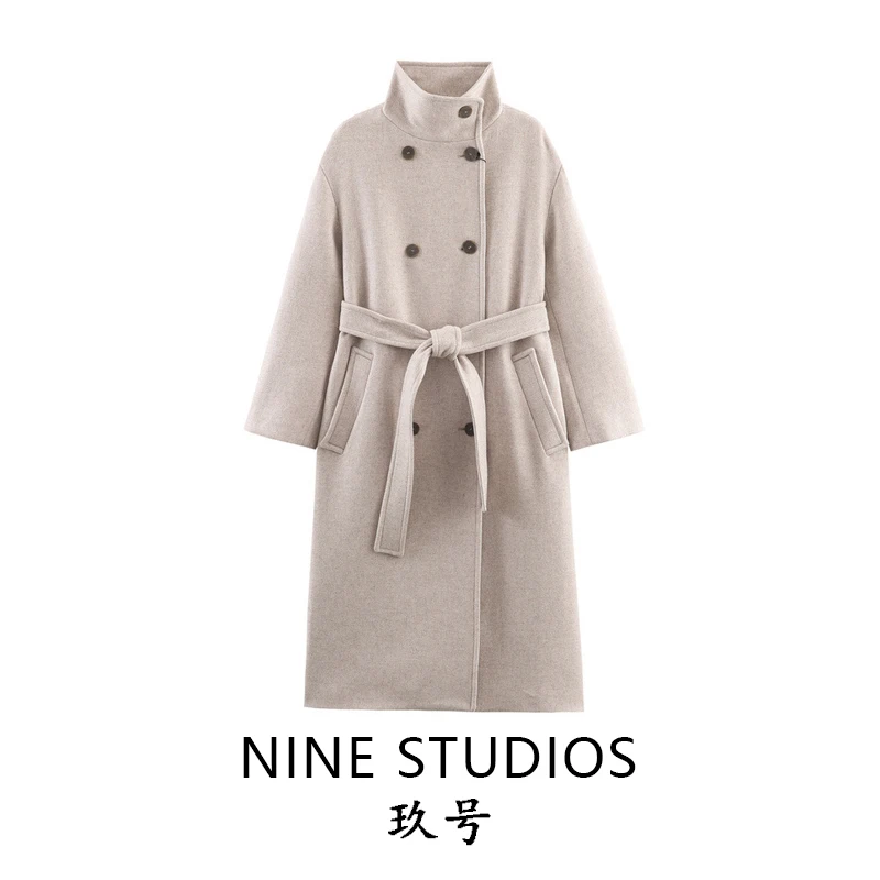 

NINE ZAR Women's Loose High Collar Double Breasted Woolen Coat Long Outerwear 779247 Commute Sle Straight Cut Long Sve