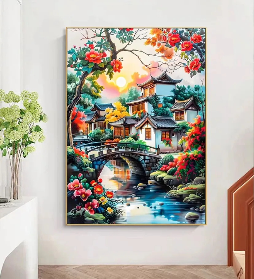 9ct 60x80cm Jiangnan Scenery Pre-Printed Cross Stitch DIY Embroidery Set Handicraft Floss Needle Crafts