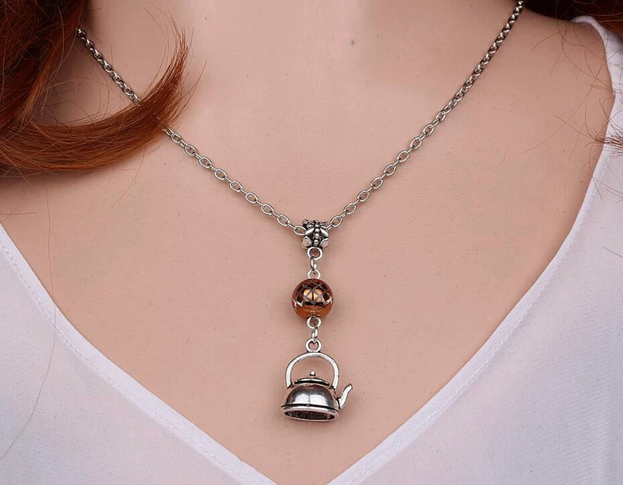 Kettle Teapot Necklace Pendant Vintage Bronze Charm Choker Chain Collar Statement Necklace Women Jewelry Gift Accessories B248