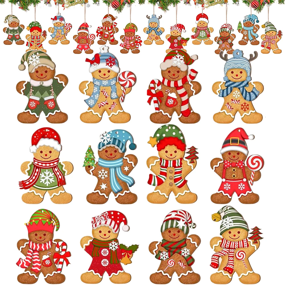 12PCS Christmas Tree Gingerbread Man Pendants Wooden Ornaments Cute Cartoon Xmas Hanging Decorations DIY Home Party Decoration