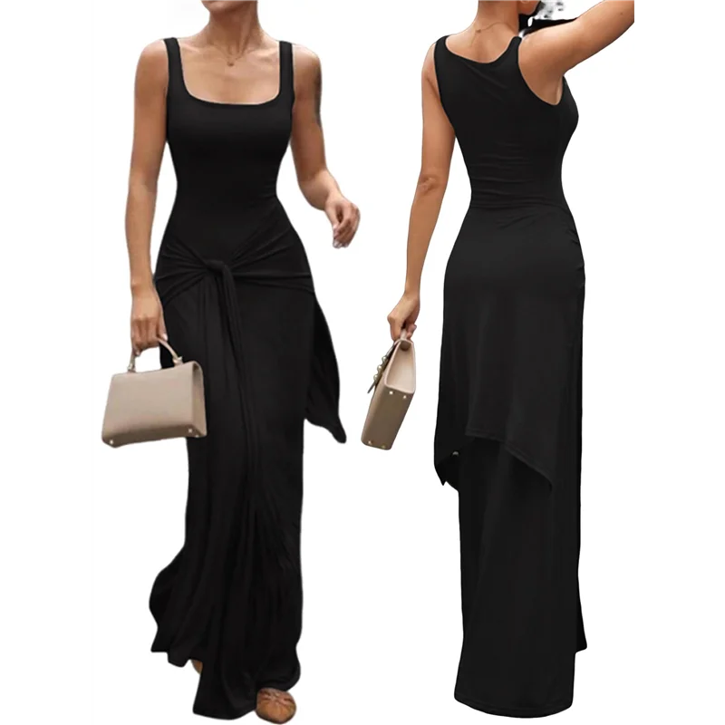 A18P-Vestido sin mangas con cuello cuadrado de verano para mujer, vestidos largos ajustados con doble forro sexy