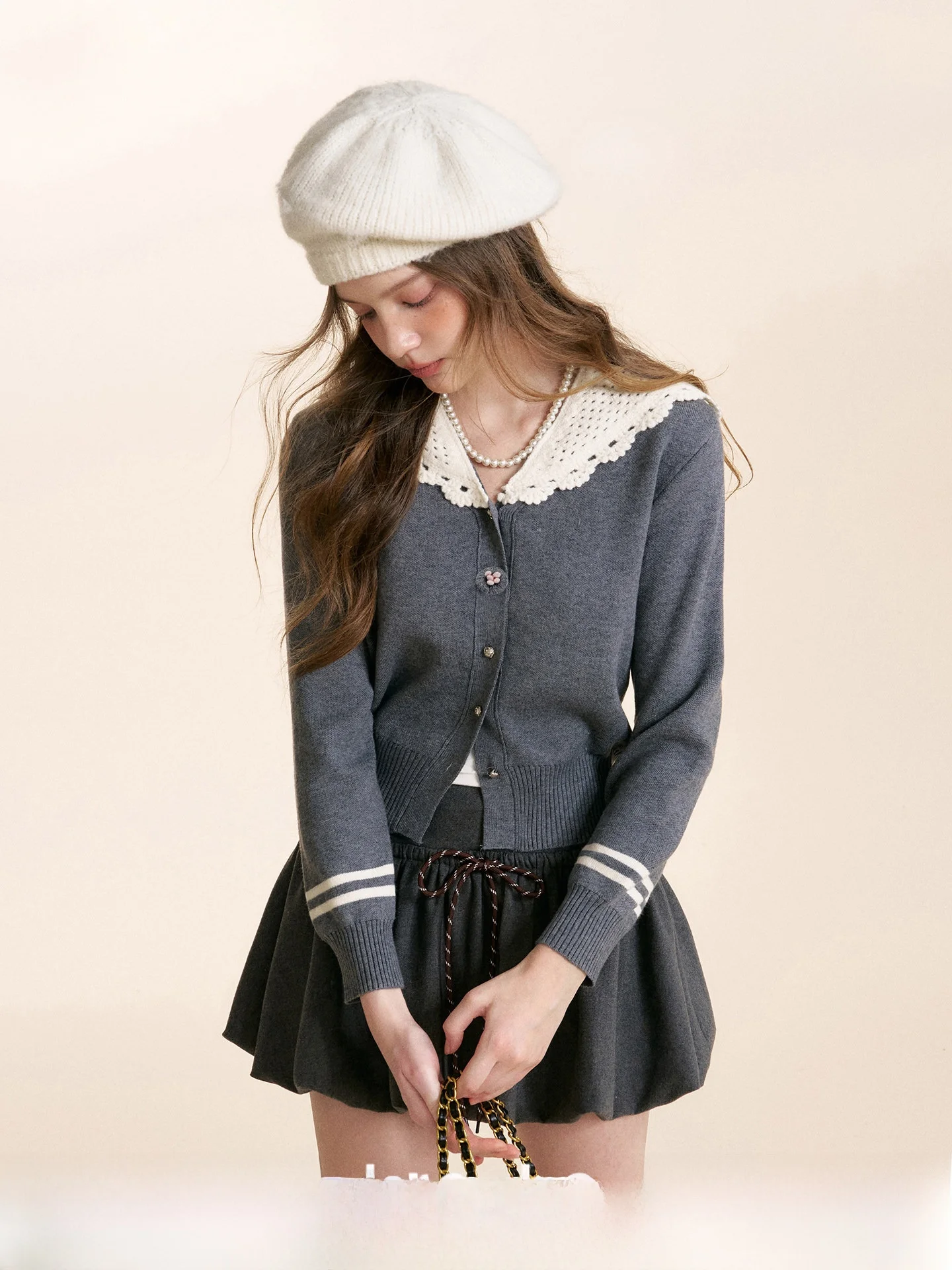 

Kroche Navycore вязаный открытый кардиган ручной вязки крючком цветочный шерстяной цвет блуэт воротник женский свободный крой из полиэфирного волокна