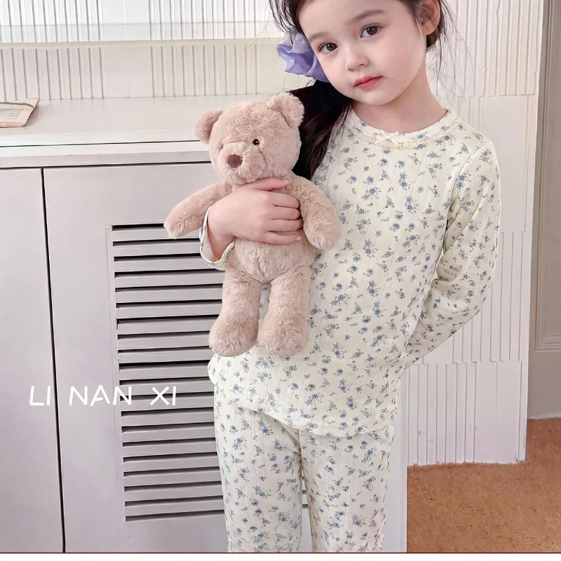 Girls' Pajama Set 2026 Spring and Autumn Winter New Elastic Knitted Fabric Baby Treasure Floral Korean Style Warmth