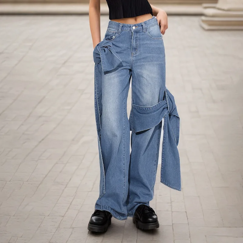 Retro Street Washed Casual Pants With Design Sense Patchwork Straps High Waisted Straight Leg Jeans For Women