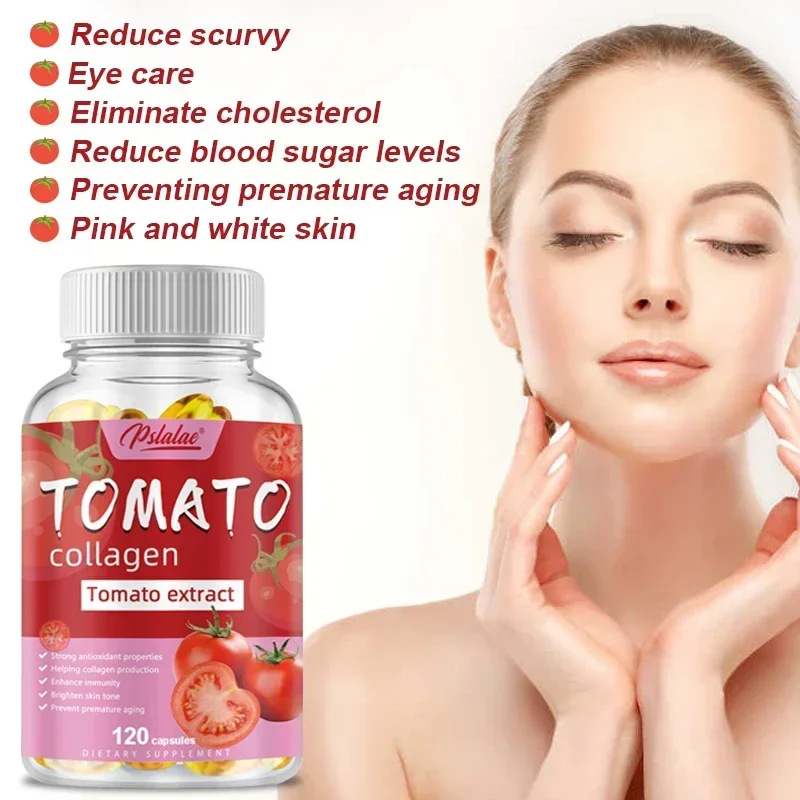 Collagen capsules with vitamins and tomato extract, dietary supplement