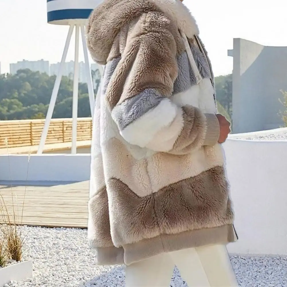 Women Winter Coat Color Block Long Sleeves Zipper Cardigan Loose Furry Warm Plush Lady Jacket Winter Clothes