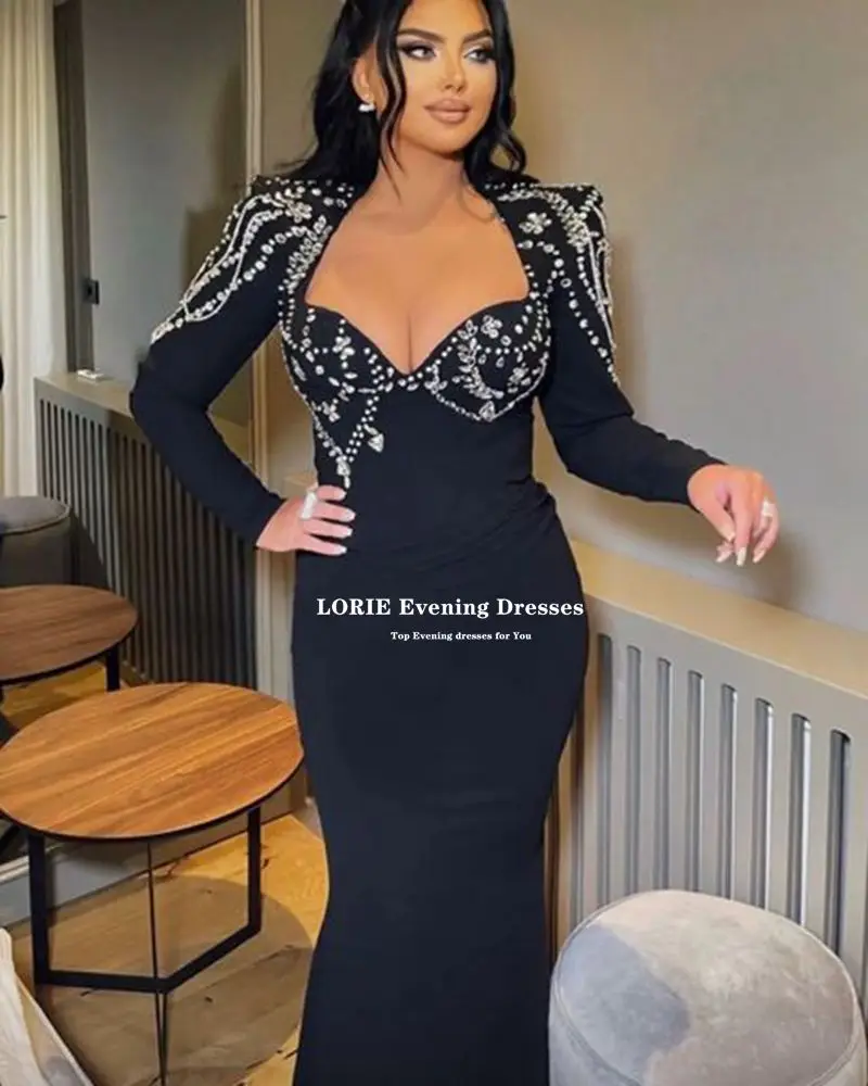 LORIE Black Sweetheart Mermaid Prom Dresses 2023 Luxury Crystals Valentine's Day Dress Long Sleeves Saudi Arabia Robe De Soirée