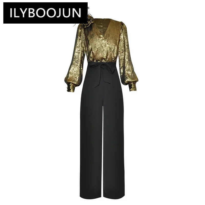 

ILYBOOJUN Hit Color Patchwork Appliques Jumpsuit For Women V Neck Lantern Sleeve High Waist Temperament Jumpsuits Female New