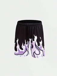 Men's Flame Print Shorts Breathable Mesh Athletic Basketball Shorts Summer Oversized Sport Shorts Drawstring Gym Short Pants