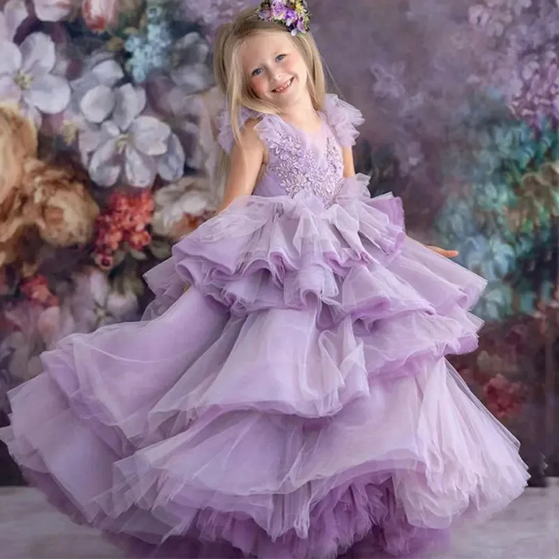 Baby Girls Very Elegant Party Ball Gown Toddler Girls Puffy Lush Cocktail Banquet Prom Dress Long Tutu Princess Dresses Purple