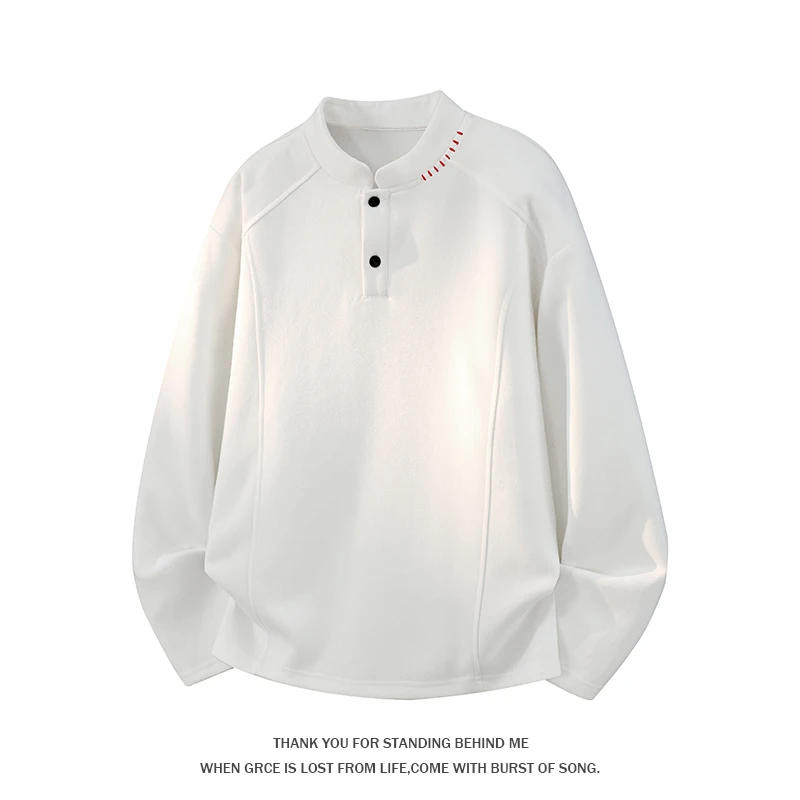 Men Red Stitch Henry Collar Sweatshirt Half Button Raglan Sleeve Loose Casual Long Sleeve Pullover Tops