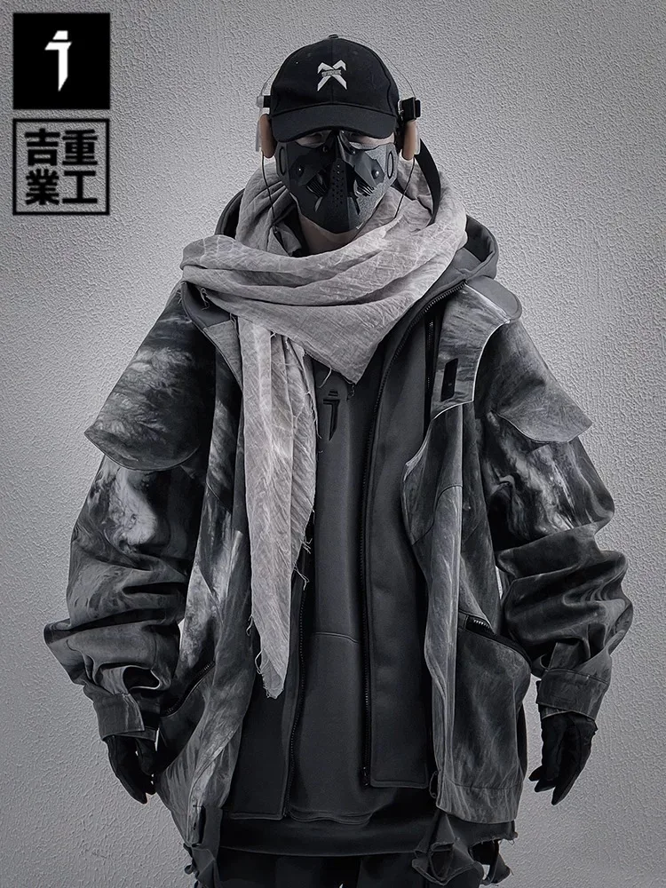 

Ji Heavy Industry Original National Trend Frayed Hem Fake Two-Piece Jaet Loose Casual Post-Aalyptic Sle Hooded Coat ...