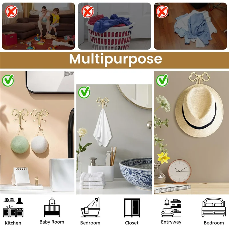 

F-T 2PCS Decorative Bow Hanger Gold Towel Hook Bow Shaped Hat Hooks Gold Brass Bow Shaped Hat Hooks Hanging Towel Hook