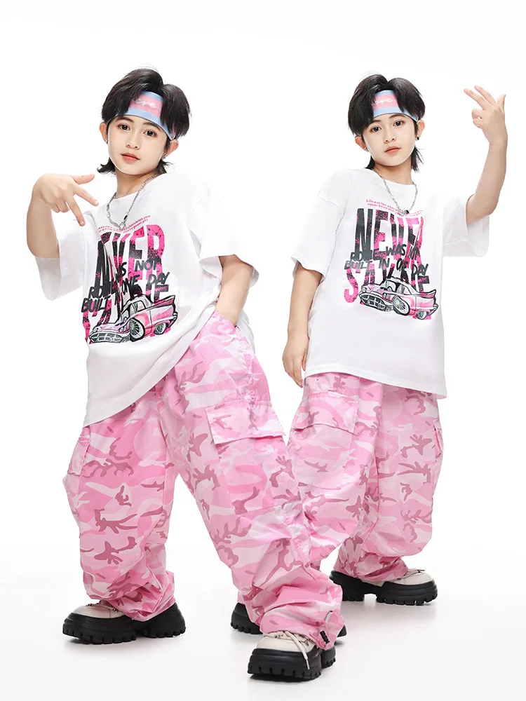 Abbigliamento Hip Hop per bambini T-shirt grafica bianca T-shirt mimetica rosa Pantaloni cargo larghi casual per vestiti per costumi da ballo jazz per ragazza ragazzo