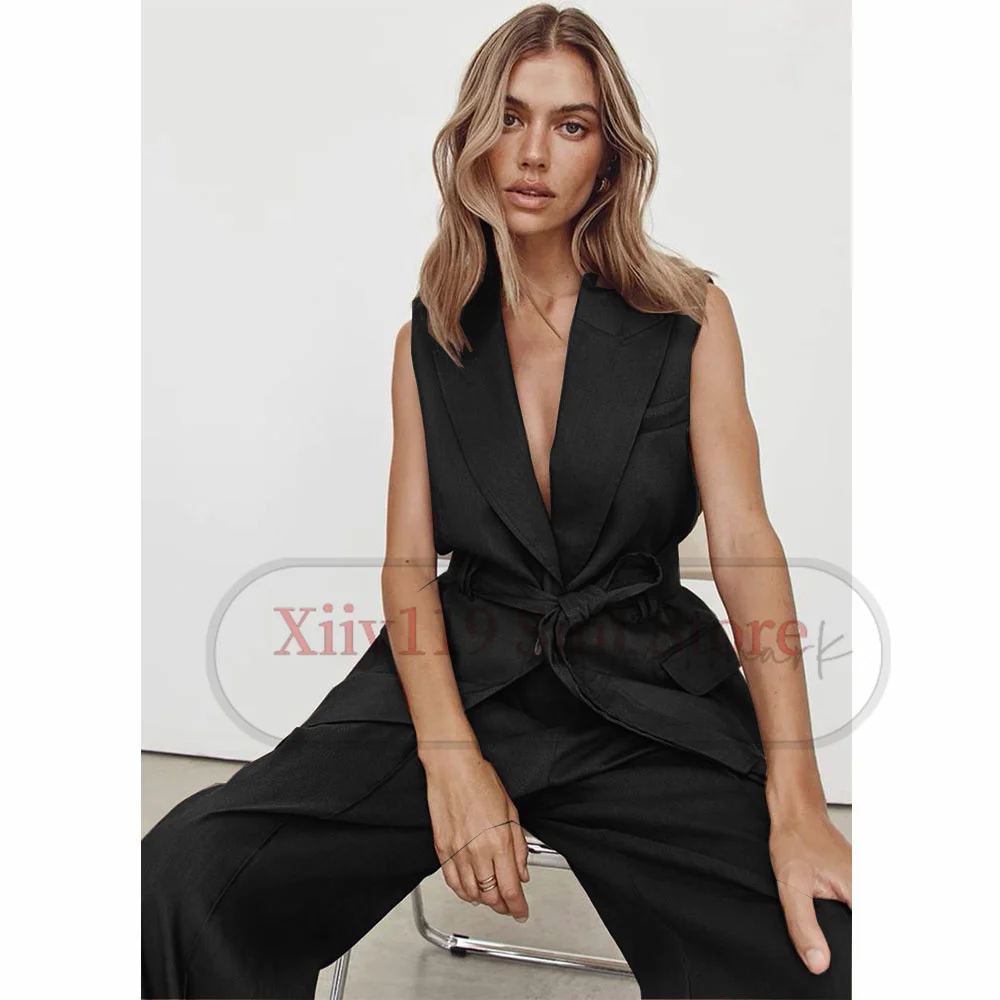 Chaleco de línea sin mangas para mujer, traje Beige de verano, nuevo estilo, pantalones, conjunto de dos piezas, chaleco informal Simple, traje para