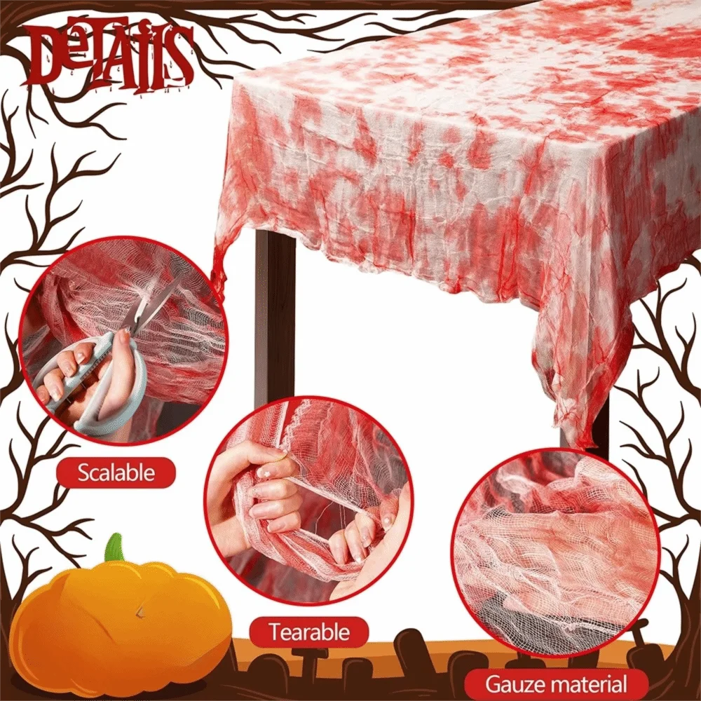 Spooky Gauze Halloween Bloodstain Tablecloth Realistic Decorative Bloody Table Cover DIY Large Size Bloody Window Curtain Stair
