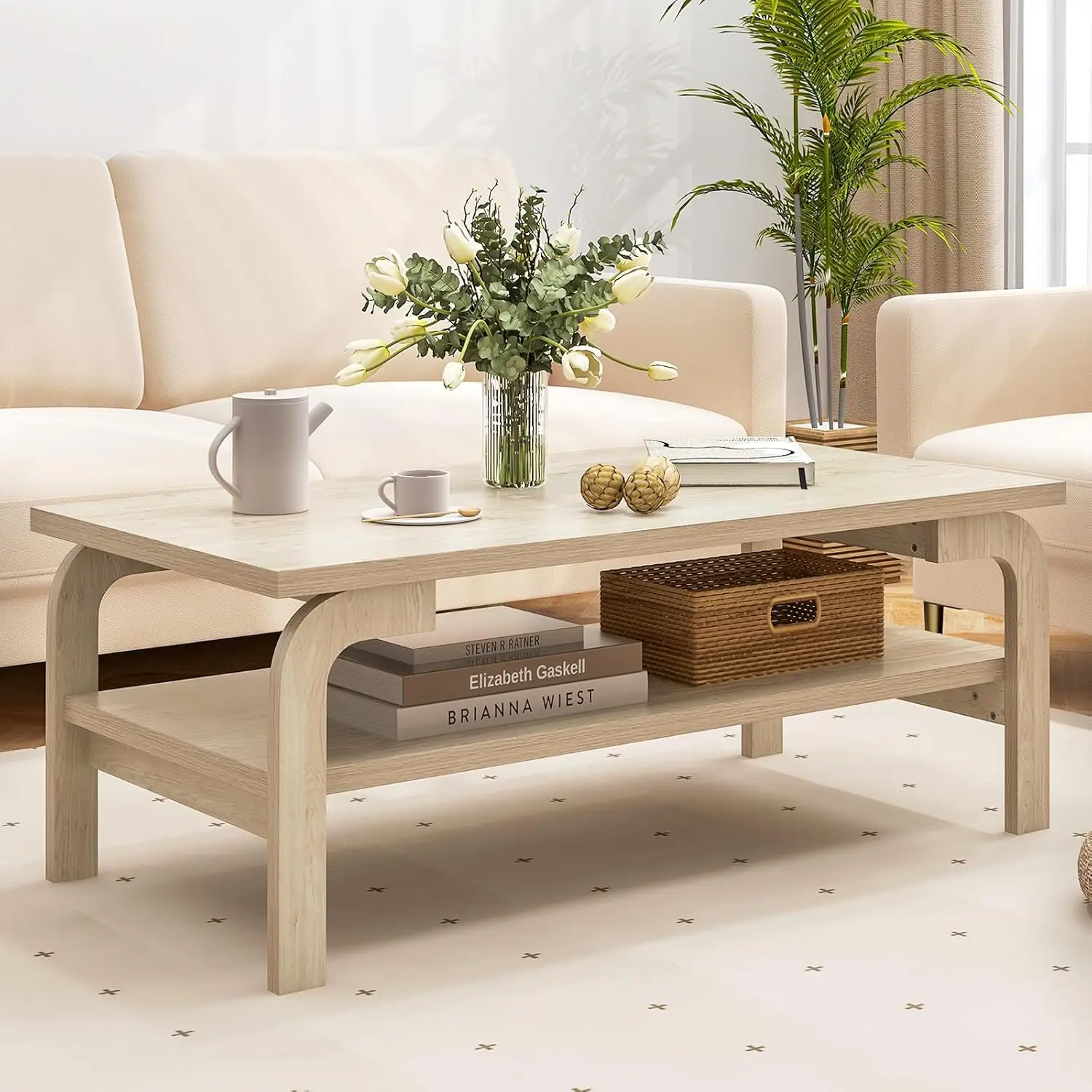 

2-Tier Coffee Table With Storage, 47” Mid Century Rectangle Accent Table With Open Shelf, Large Tabletop & Curved L