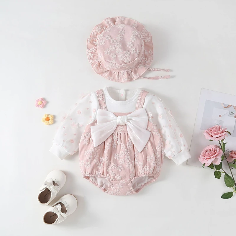 2 pieces Set summer New girl Dress Set +hat Long sleeved sweet bow flower Soft Baby dress Cotton newborn Sling Cute Baby dress