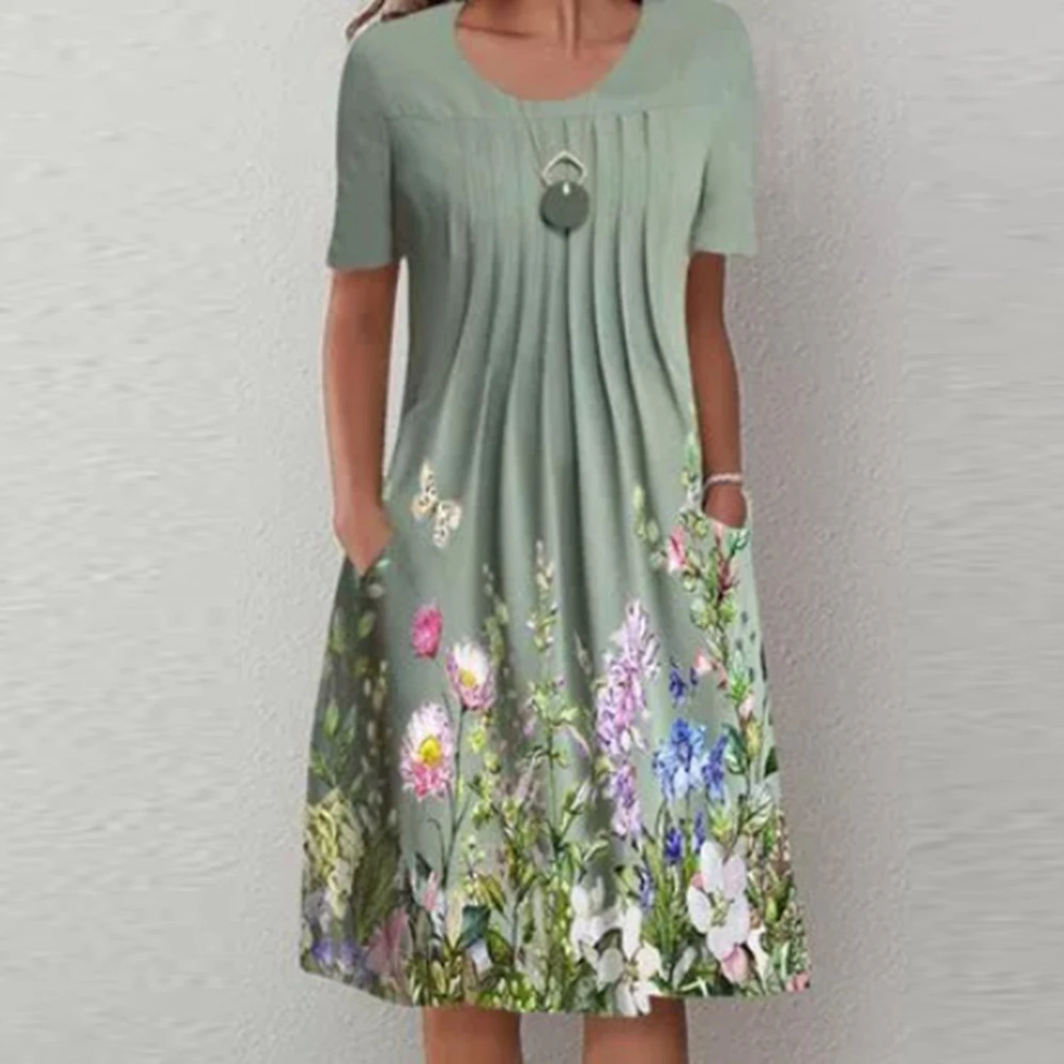 Womens Summer Floral Print Dresses, Clearance Sale, Casual Crew Neck, Short Sleeve
