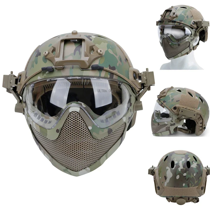 Zestawy hełmów taktycznych + maski + gogli Airsoft Shooting FAST PJ Helmets Wargame Cs Paintball Pełna ochrona twarzy