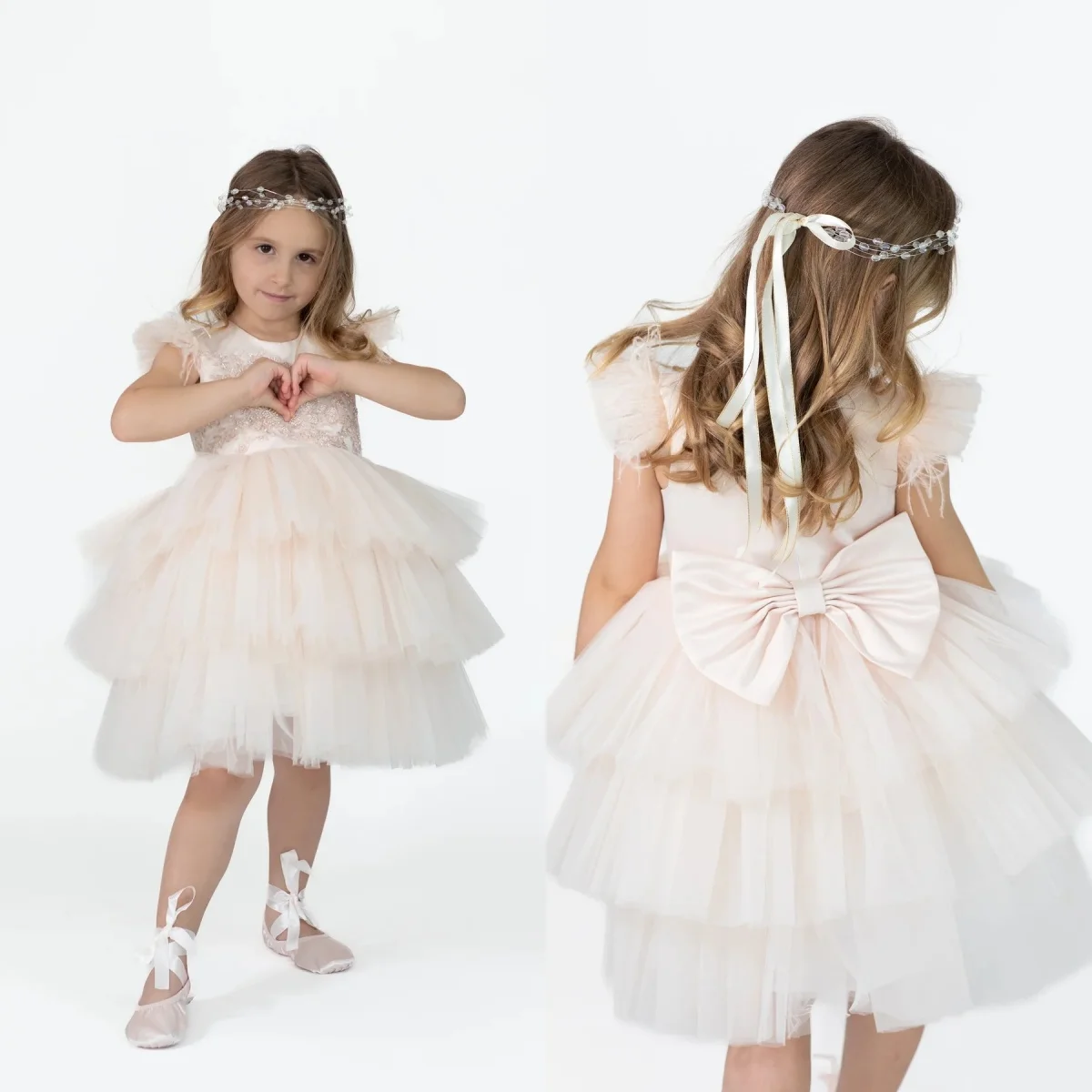 Flower Girl Dress For Wedding Light Champagne Puffy Tiered Sleeveless Feathers With Bow Kids Birthday First Communion Ball Gown