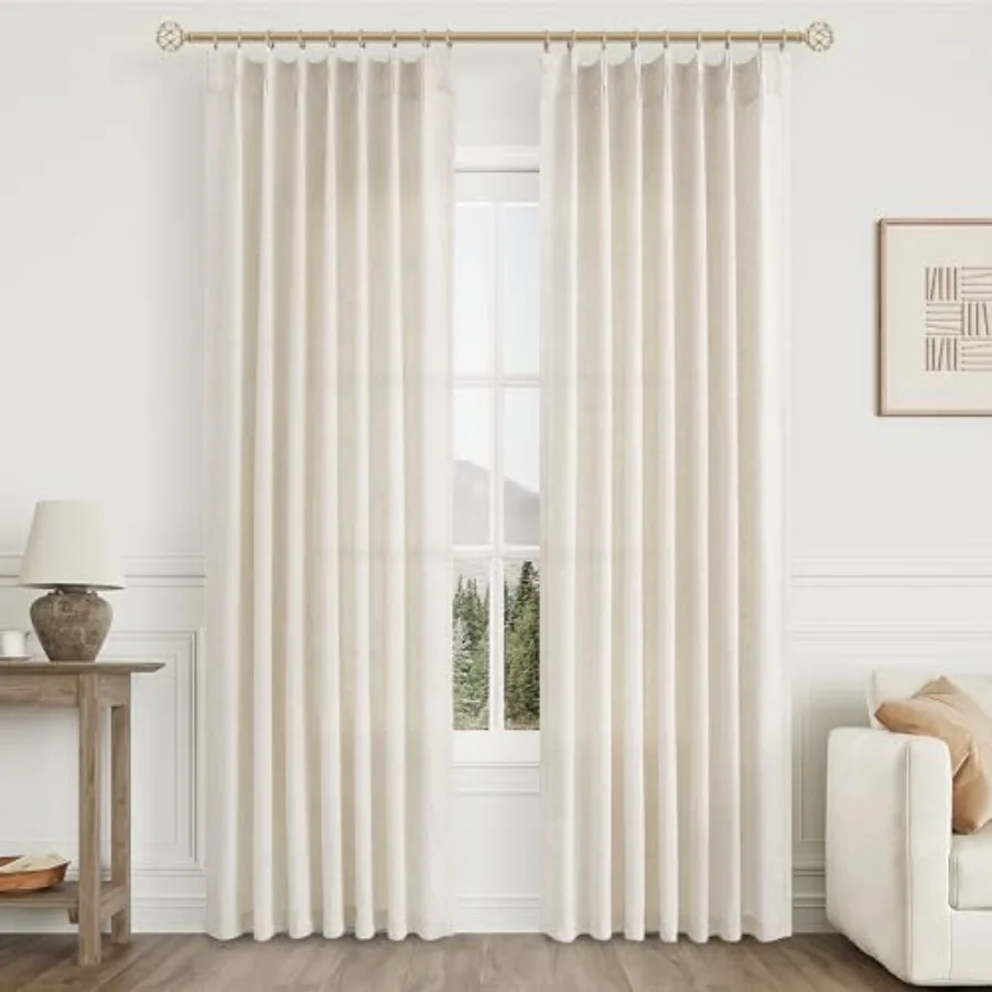 Linen Pinch Pleated Curtains 84 Inch Length 2 Panels Set for Living Room Cream Semi Sheer Window Curtain for Bedroom Boho Farmh