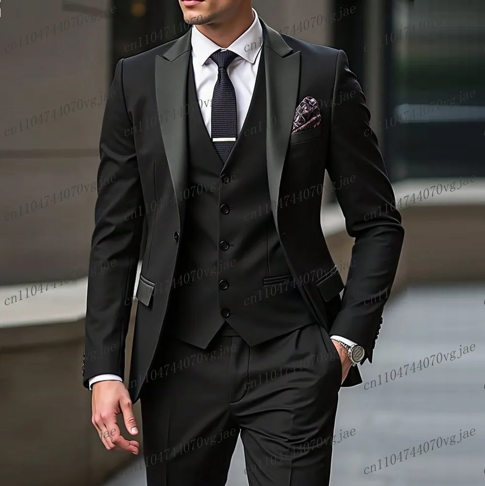 

New Black Men Suit Formal Wedding Party Groom Groomsman Business Male Tuxedos Customized 3 Piece Set Jacket Vest Pants