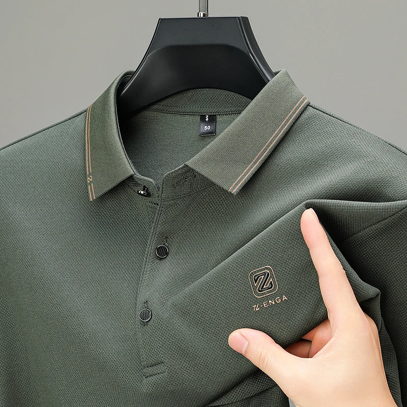 High end brand ice silk long sleeved polo shirt men\'s spring autumn new business casual fashion letter printed lapel T-shirt