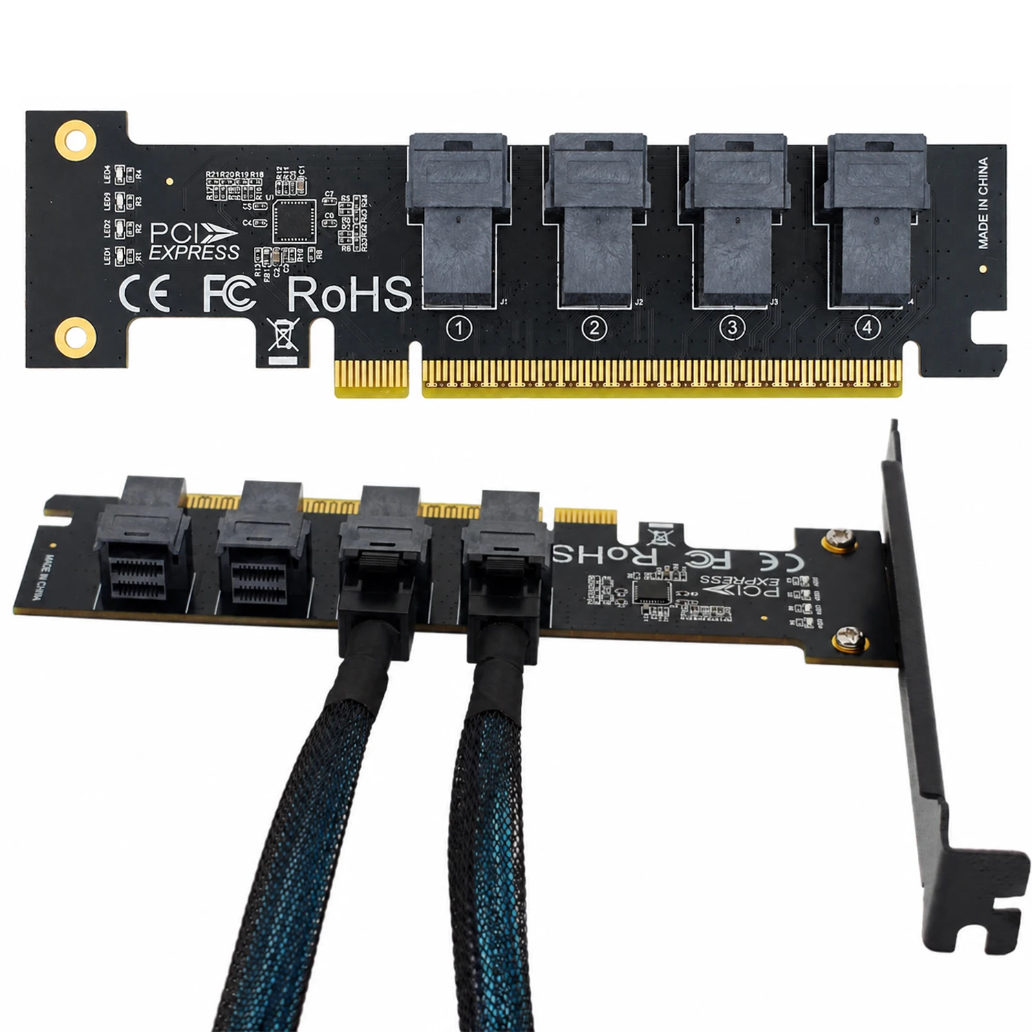 U.2 NVMe SSD Erweiterungskarte PCIe 4.0 X16 zu 4-Port SFF-8643, SFF-8639 Adapter mit LED für Desktop-Server-Workstation