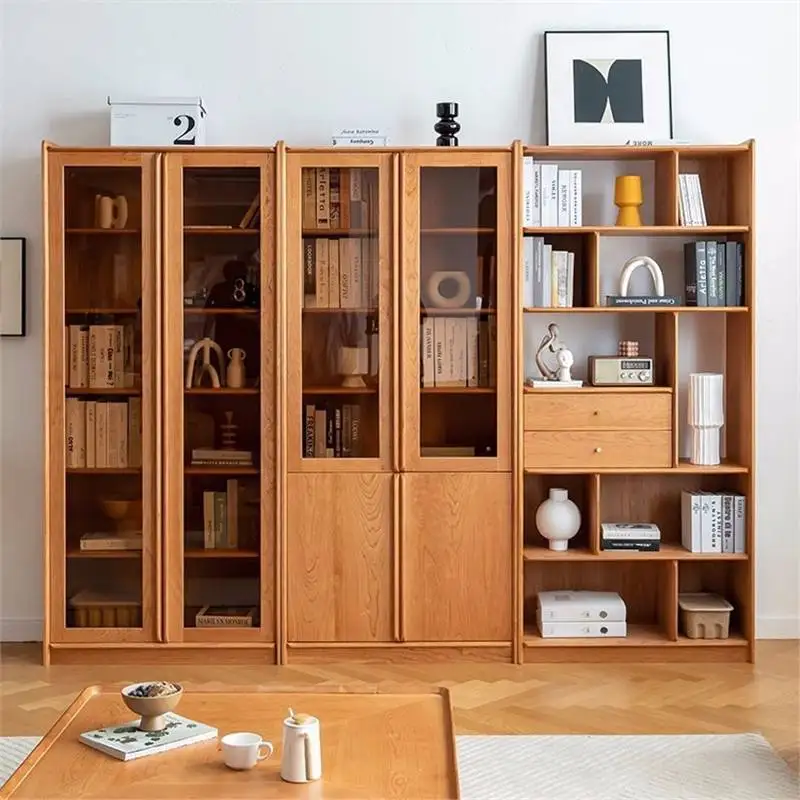 خزانة كتب يابانية من الخشب الصلب بالكامل مصنوعة من خشب الكرز ورف كتب بسيط وأرضية منزلية وباب زجاجي للتخزين