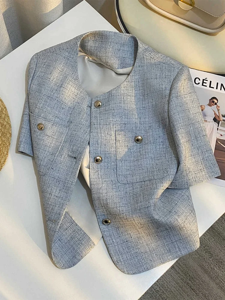 

Slim Fit ort Sve Suit Jaet Women's Summer Thin Loose Personali ort Length Top Commute Sle round Ne Button Closure