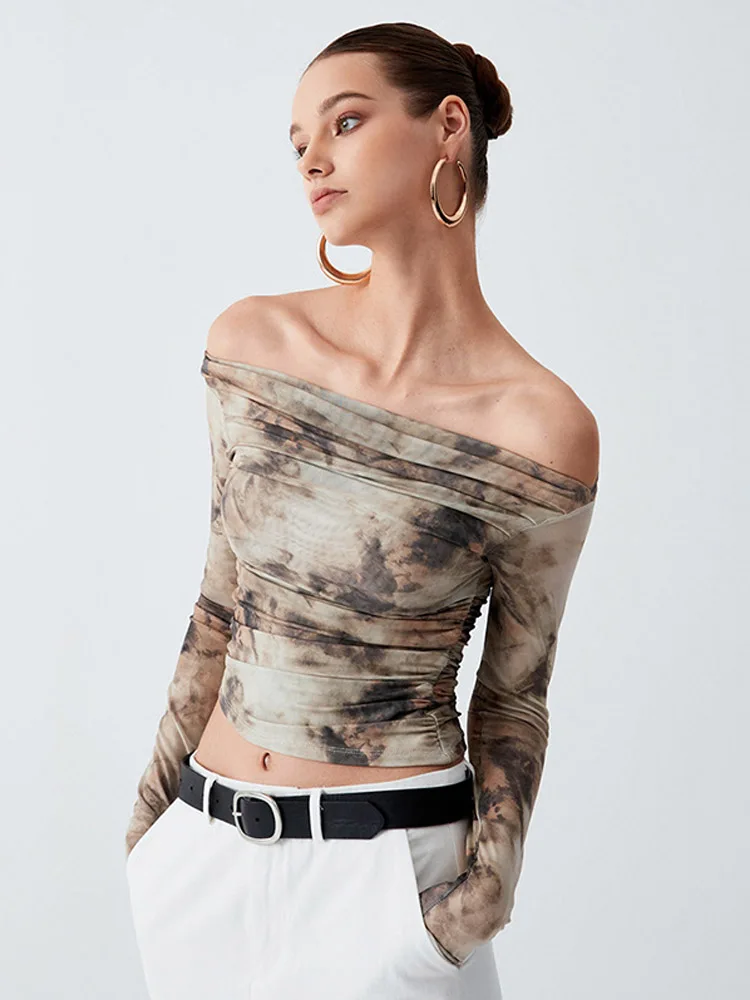 2024 Spring New Printed Slash Collar Long Sleeve Backless Shrinkage Top T-Shirt Mesh See Through Elegant Top Casual