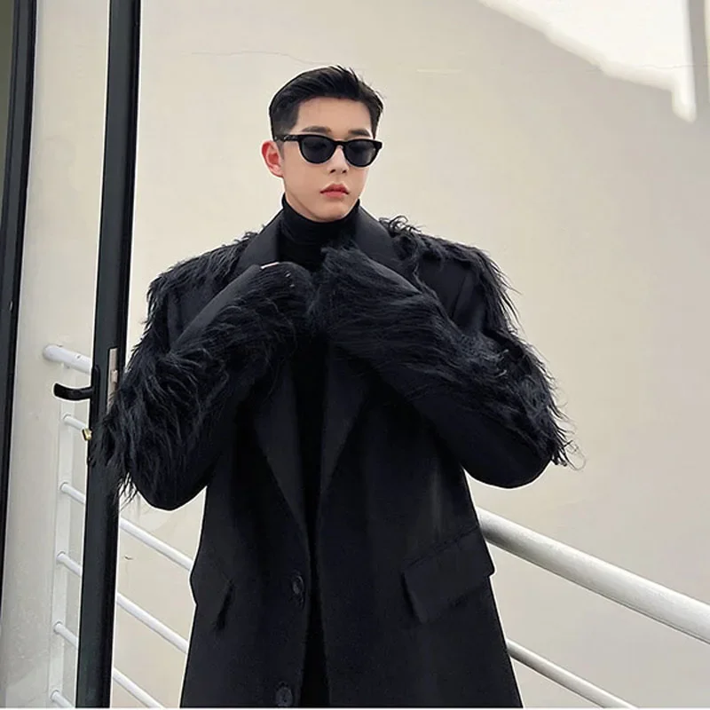 Autumn Winter Blazers Men Net Celebrity Streetwear Fashion Show Stage Clothing Male Dark Long Fur Wool Suit Blazers Jacket Coat