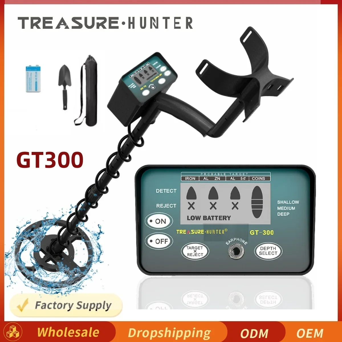 Treasure Hunter GT300 Metal Detector with battery Professional High Sensitive LCD display Sensitivity Adjustable IP68 Waterproof