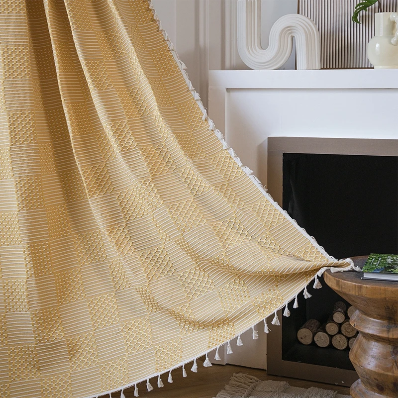 Cotton Linen Rural American Style Plaid Embroider Window Curtain with Tassels Blackout Valance Living Room Bedroom Curtain