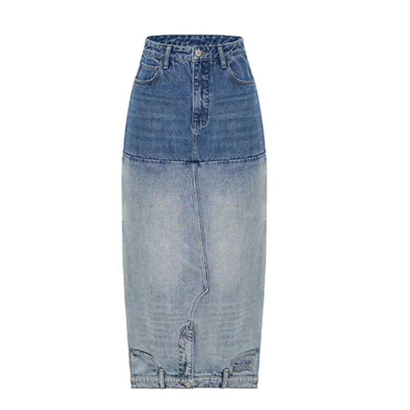 Pop outono/inverno nova saia jeans de emagrecimento de cintura alta design de nicho original algodão 13 fileiras em linha reta forma delicada meio comprimento