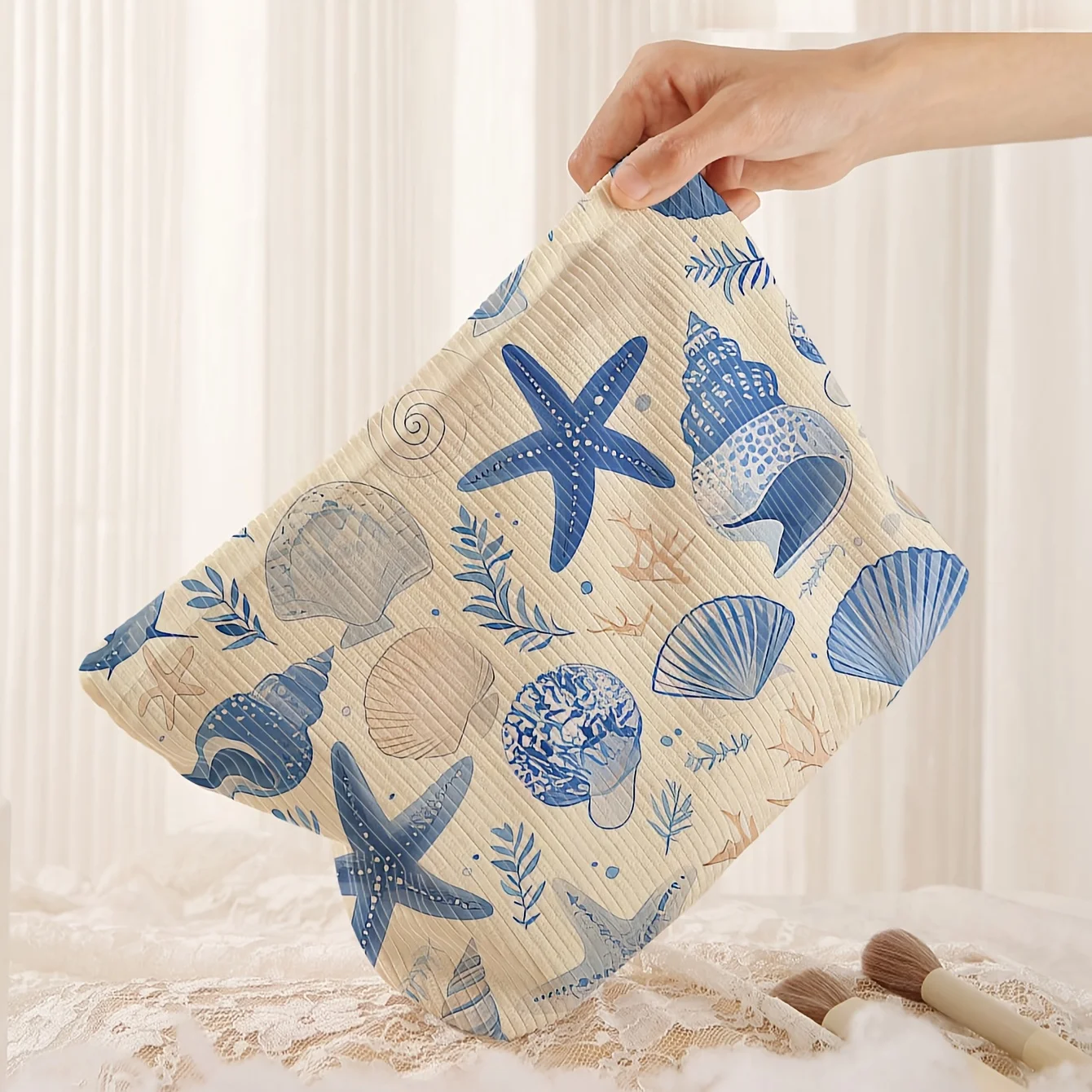 Kosmetiktasche mit Muschel- und Seesternmuster – leichte Aufbewahrungstasche mit Reißverschluss, Unisex, geeignet für Toilettenartikel und Accessoires – Detail 3
