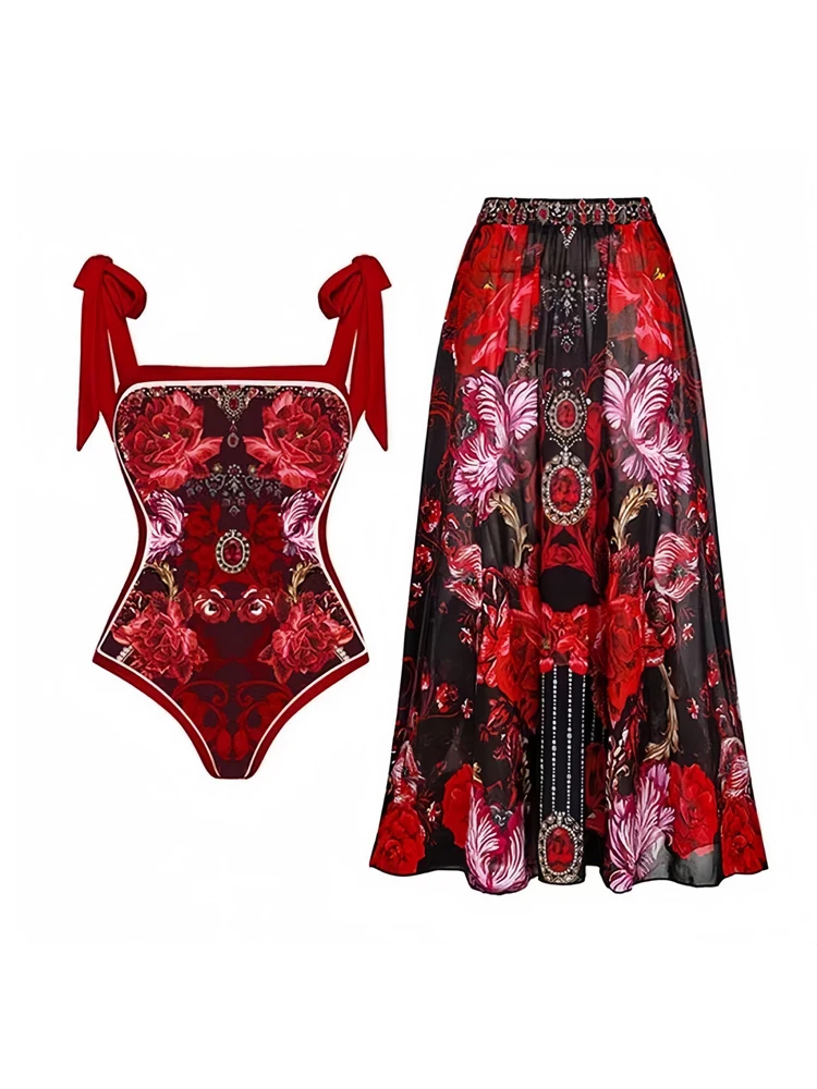 2024 Fashion Red Retro Printed One Piece Woman Swimsuits High Waisted Lace Up Feminine Bikini Swimsuit with Cover Up Beach Skirt