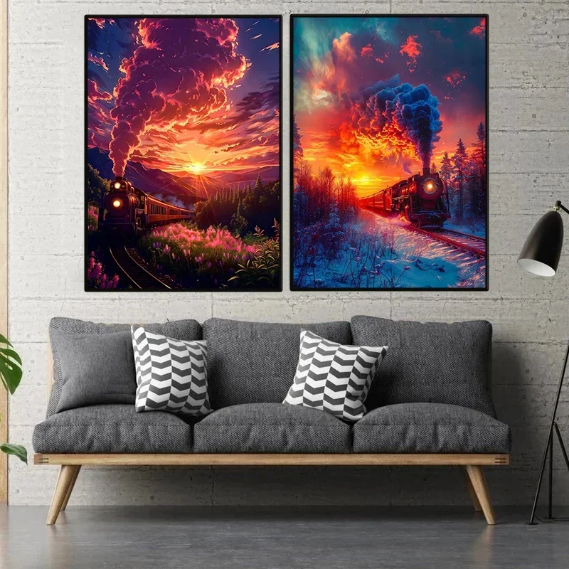 Vintage Anime Style Steam Train Sunset Landscape Poster Travel Scenery Wall Art for Living Room Home Decor Mural Canvas Painting