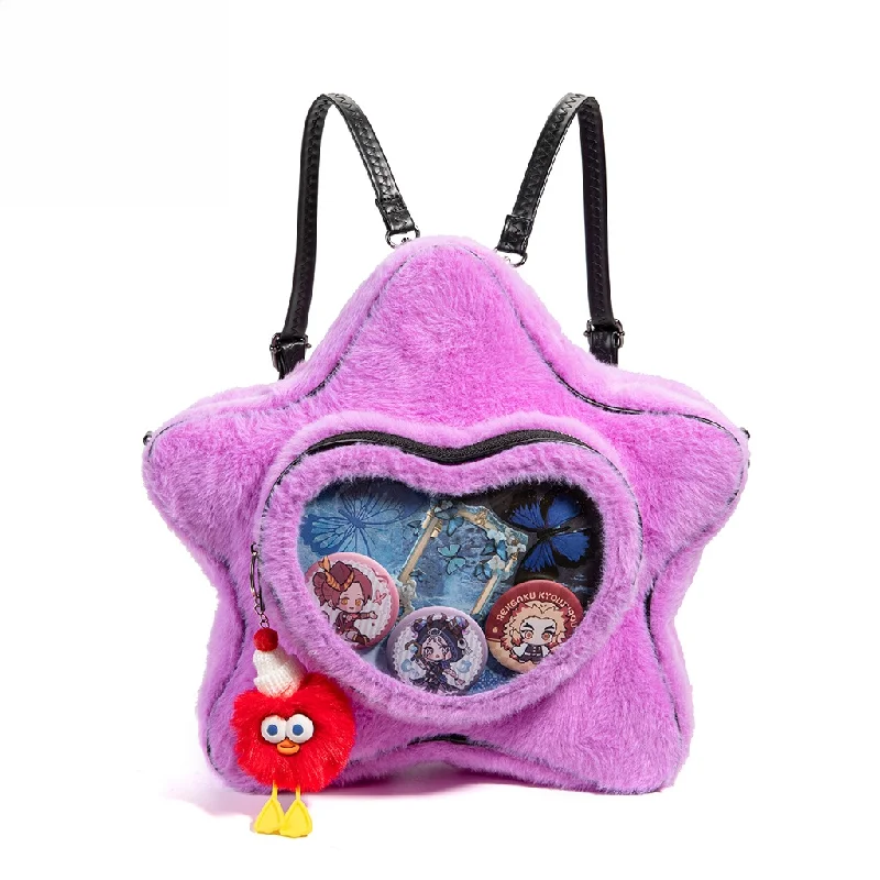 

Fluffy Purple Star Ita Bag, Plush Crossbody Backpack with Clear Heart Window, Kawaii Faux Fur Shoulder Bag for Pins Display,