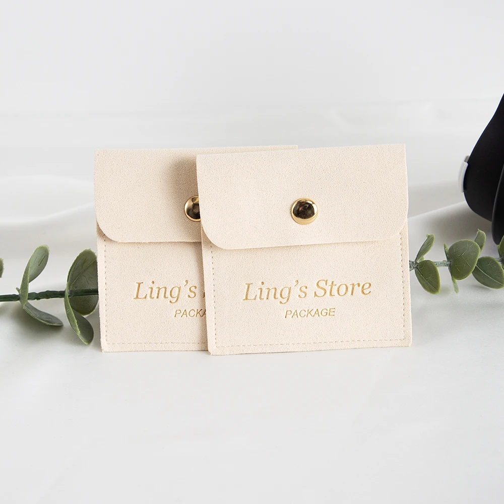 

50pcs Beige Personalized Logo 8x8cm Microfiber Jewelry Snap Bag Velvet Gift Packaging Storage Pouch Wedding Favors Candy Pocket