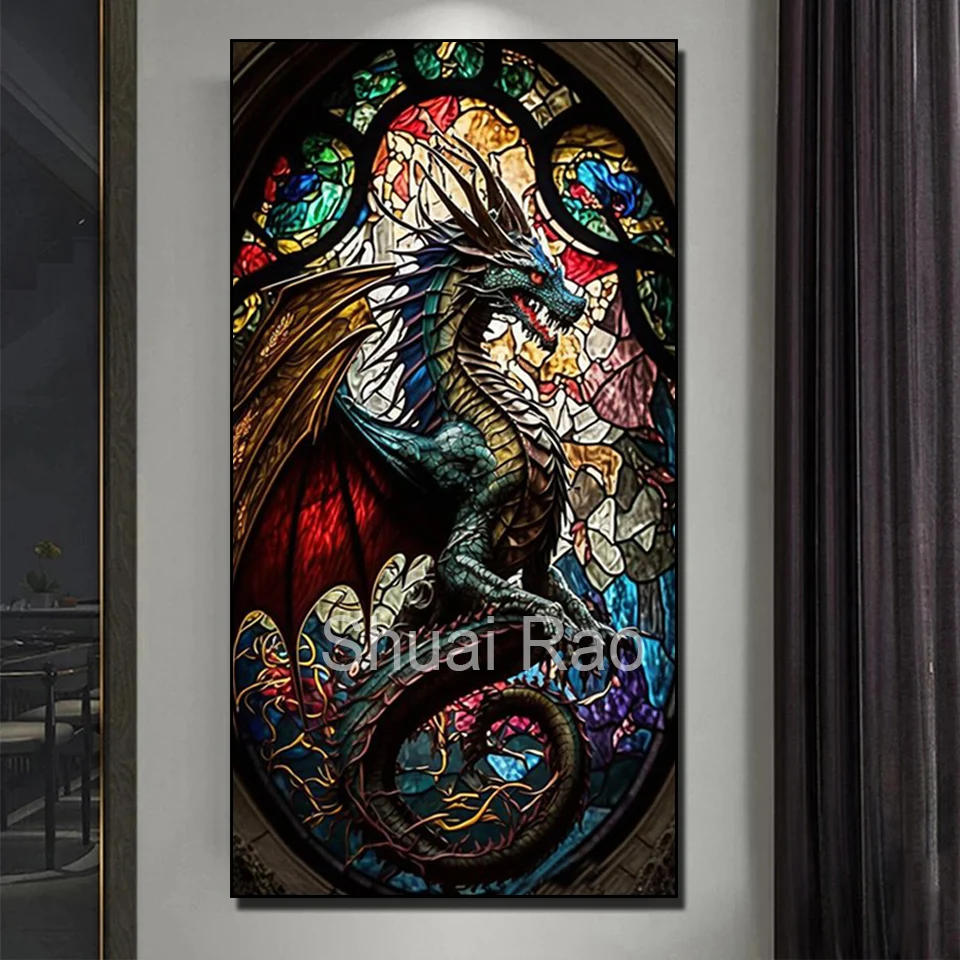 Large Stained Glass Dragon Diamond Painting 2023 New Full Square Round Diamond Art Mosaic Diy Puzzle Handmade Gift Home Decor