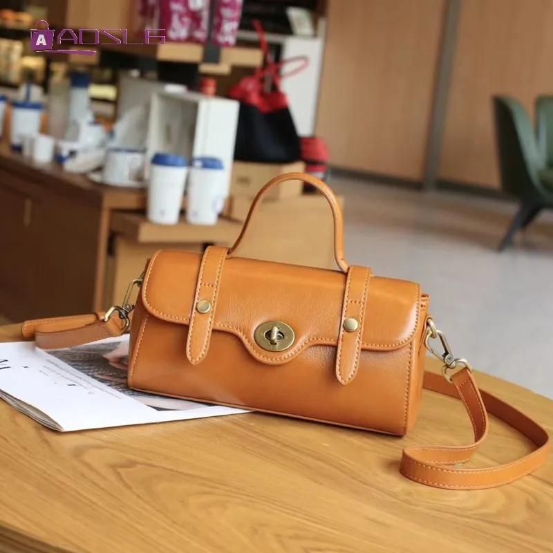 

Popular Real Leather Small Handbag Womens New Hundred Compact Senior Sense Retro Shoulder Bag Top Layer Cowhide Crossbody Bag