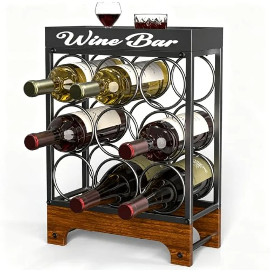 

9 Bottles Wine Racks Countertop Freestanding with Top Tray, Modern Black Metal andWood, 3 Tier Tabletop Wine Holder Stand for H