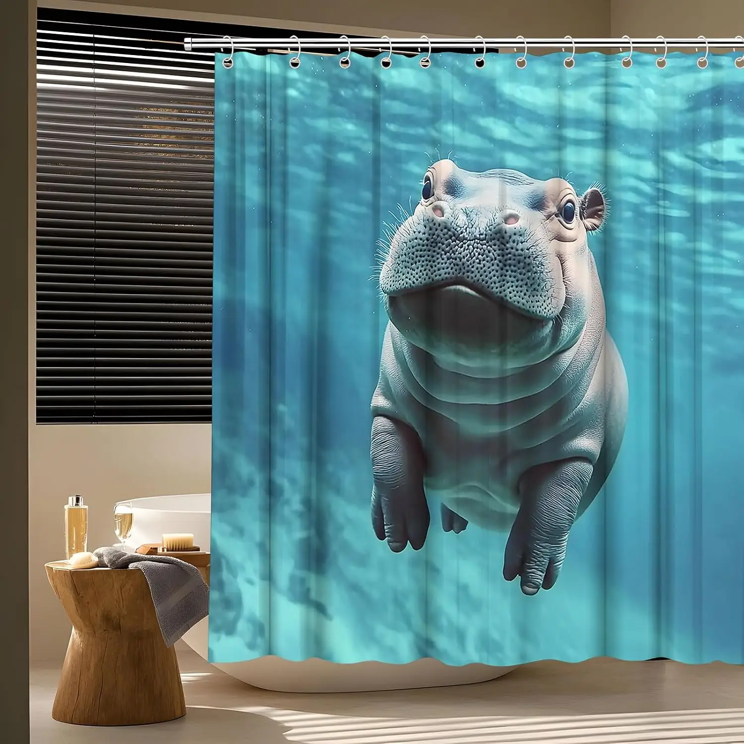 Cute Underwater Hippo Shower Curtain, Baby Hippopotamus Swimming in Blue Water Nature Scenery Waterproof Bath Curtain Decor