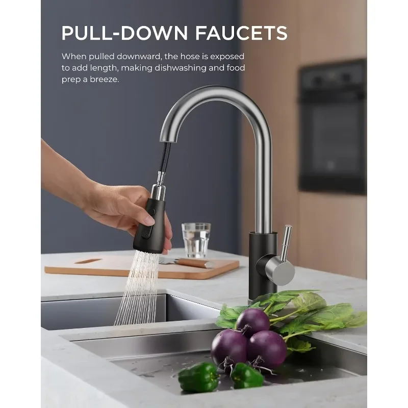 FORIOUS Kitchen Faucet with Pull Down Sprayer, Brushed Black, High Arc Single Handle, Deck Plate, RV Stainless Steel, 1.8 GPF