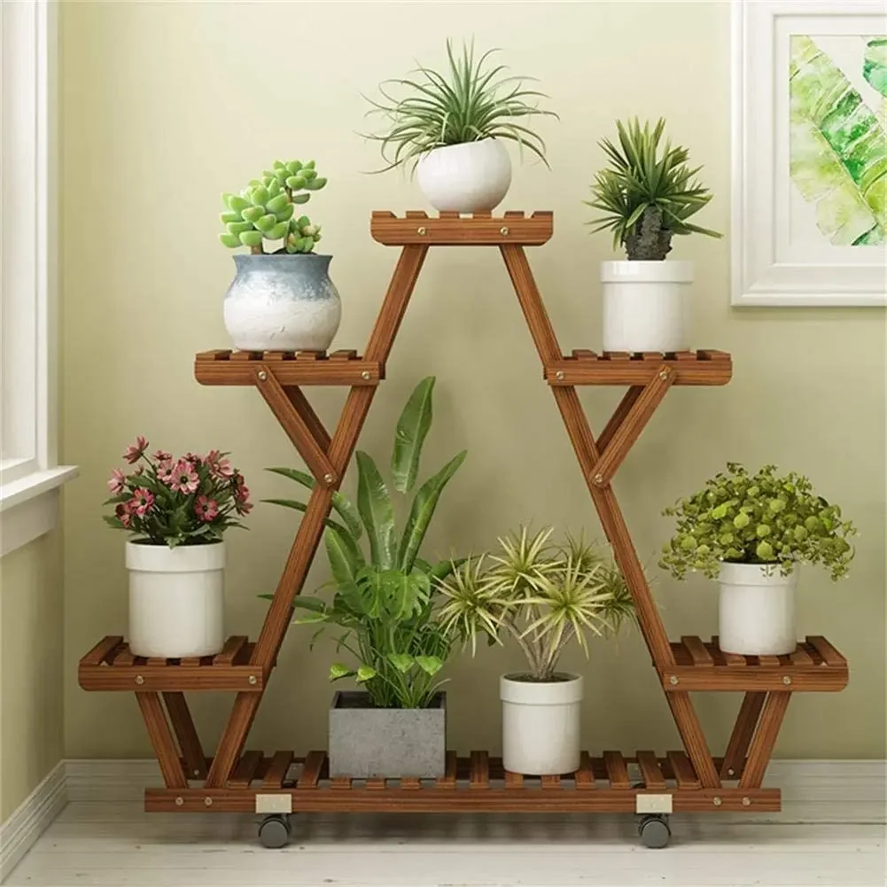 Movable Wood Plant Stand, Triangular Shelf, Flower Pot, Storage Holder, Garden Display, Shelving Rack, Outdoor, Indoor, 6 Tier