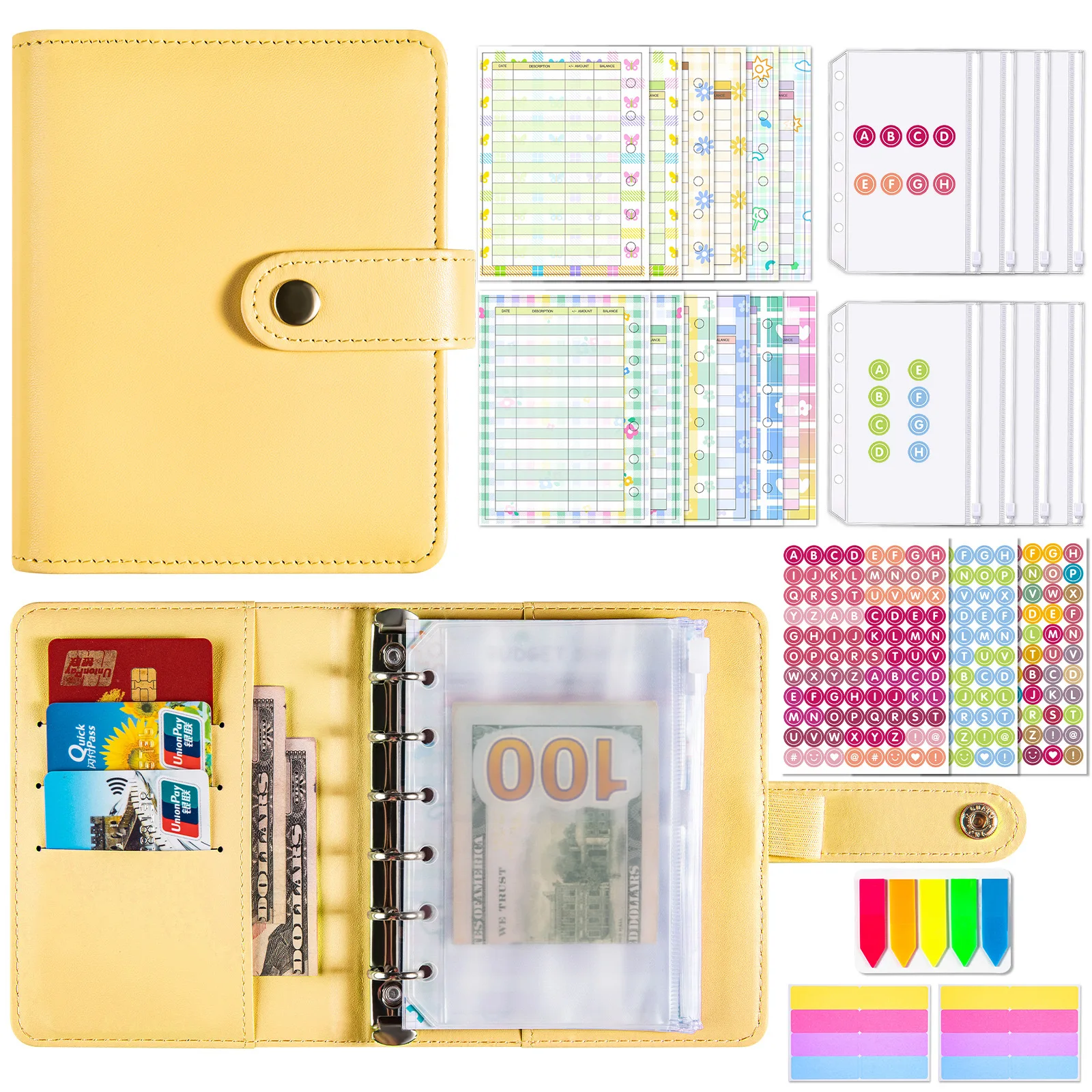 A7 Budget Binder Set, Planner Binder,Alphabet Stickers Refill Paper, Clear Binder Pocket 6 Rings Cash Stuffing Envelope System