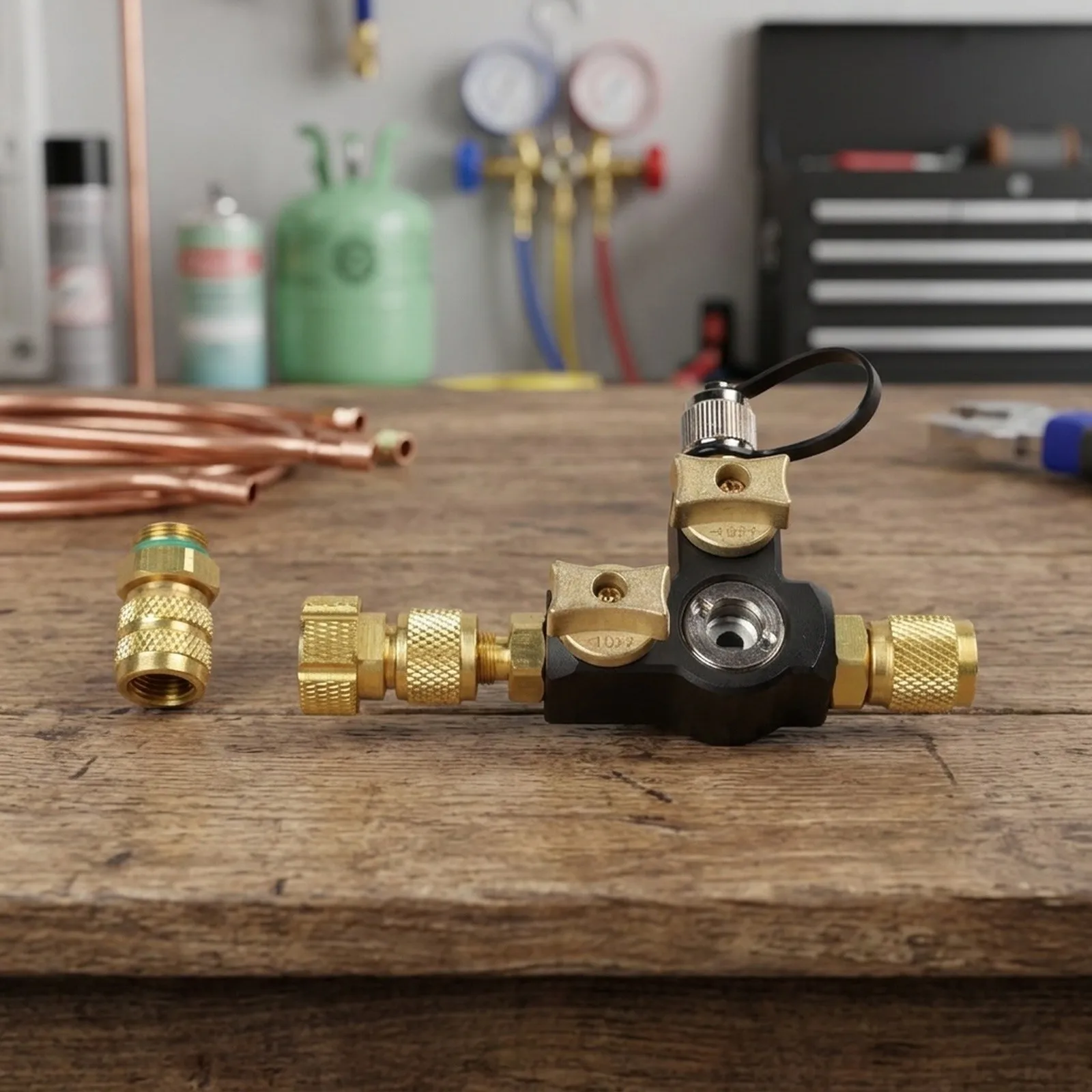 Vacuum Rated HVAC Valve Core Removal Tool with Dual 1/4 and 5/16 Inch Fittings and Real-Time Sight Glass Verification